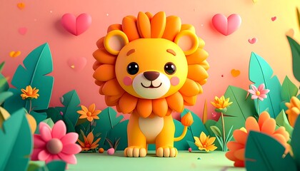 Cute cartoon lion in a floral garden