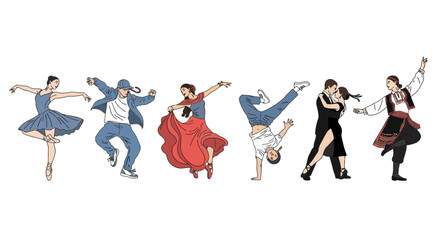 Diverse dance styles illustration showcasing cultural expression and movement, suitable for educational materials, event promotions, and artistic projects related to performing arts.