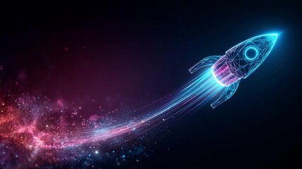 A rocket ascends through a vibrant cosmic expanse, leaving behind luminous trails amidst a starry backdrop - Powered by Adobe