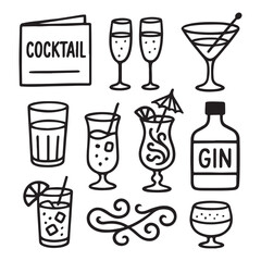 Alcohol cocktail bar doodle set, vector hand drawn beverages party vector