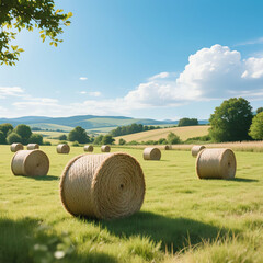 Photorealistic scene of round hay bales in lush green field with blue sky, clouds, distant trees and hills, warm sunlight, vibrant colors