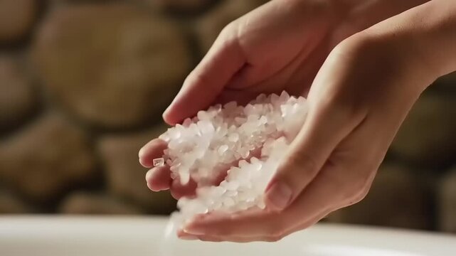 Womans hands holding bath salts.