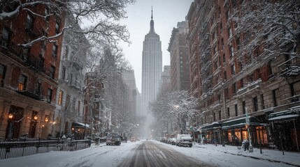 Empire State Building in winter snow, clear contrast, vibrant seasonal tones, high quality textures, photorealistic iconic view.