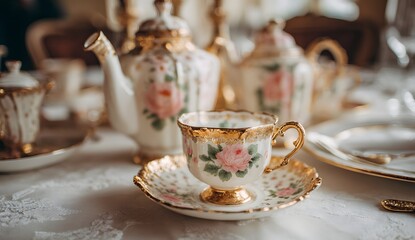 Fototapeta premium Elegant vintage porcelain tea set with floral design and gold accents