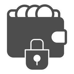 Leather purse with coins and lock solid icon, financial item concept. Vector graphics. Wallet with money, safety sign on white background, glyph style icon for mobile or web design.