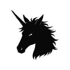 Monochrome image of a unicorn head in profile, facing left, with a serious gaze, unicorn face with horn silhouette vector illustration