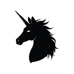 Elegant silhouette of a unicorn head with flowing mane and horn, unicorn horn glowing silhouette vector illustration