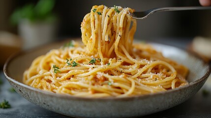 A fork twirls spaghetti in a creamy sauce, topped with herbs and cheese, evoking warmth and comfort for dinner