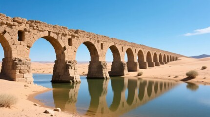Ancient stone arch bridge over a still desert pool