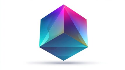 A vibrant, multifaceted, triangular prism-like 3D geometric shape rendered with a glossy, translucent texture exhibiting a gradient of teal, pink, and purple 