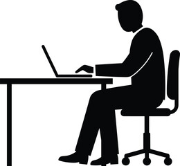 Silhouette of businessman working on laptop at desk, modern office setting, remote work or freelance professional concept illustration