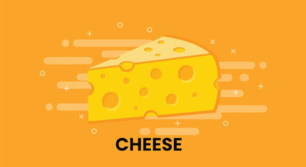 Vector illustration of slice of swiss cheese with holes, isolated on an orange background with abstract shapes