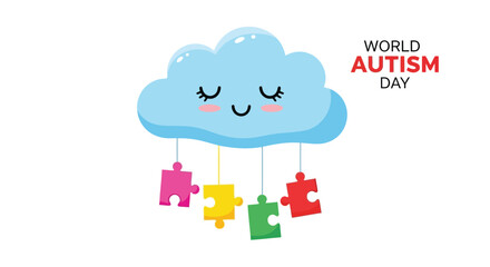 Vector illustration of cute blue cloud with closed eyes and a smile, hanging puzzle pieces for world autism day