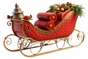 Red santa sleigh decoration with ornaments and garland isolated transparent background
