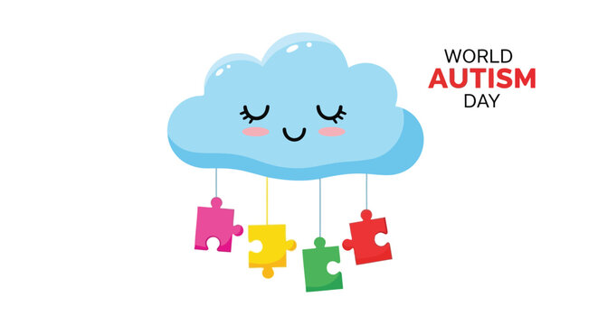 Vector illustration of cute blue cloud with closed eyes and a smile, hanging puzzle pieces for world autism day