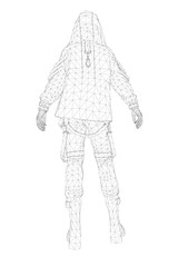 A determined woman in a black and white hoodie and light pants stands against a white background, ready for military action with wireframe equipment.
