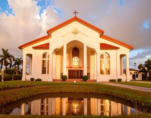 Church at dawn, reflection in pond