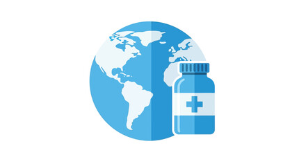Vector illustration of global healthcare concept with a medicine bottle and planet earth