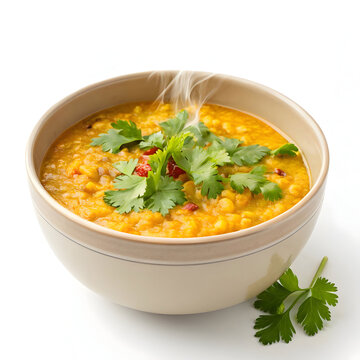 A bowl of yellow dal fry, richly spiced and topped with fresh coriander a comforting,