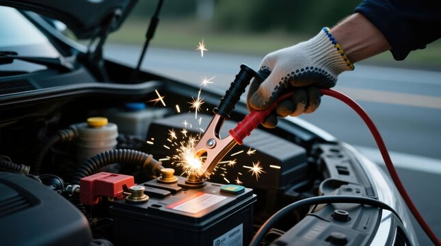 Car battery jump start with sparks - Powered by Adobe