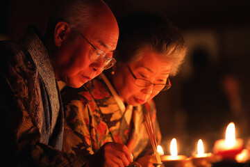 Elderly couple in traditional clothing lighting incense at a family altar during Obon, warm candlelight.