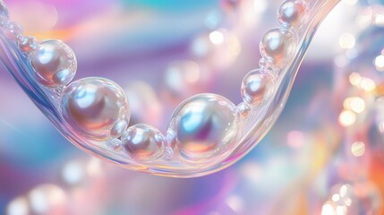A close-up image showcasing a strand of iridescent pearls suspended in a delicate, flowing, and translucent medium.