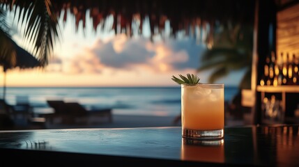 A tropical cocktail garnished with a palm leaf sits on a glossy bar counter, capturing the golden hues of sunset. In the background, the scene reveals a beach setting with blurred silhouettes of palm.