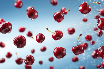 Many cherries floating with water splash