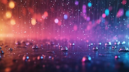 A close-up view of raindrops falling and splashing on a wet surface, illuminated by vibrant, neon, multi-colored lighting.