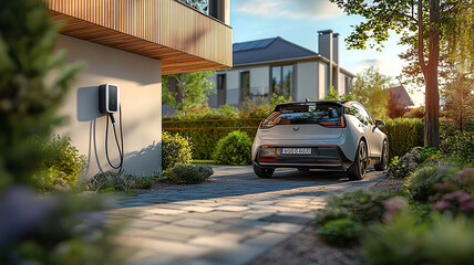 Electric Vehicle Charging at a Modern Home Sustainable Transportation and Clean Energy Concept. Eco Friendly Residential Setting with Electric Car Charging Station.