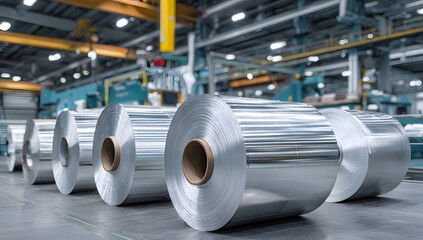 Large aluminum rolls in modern industrial factory production line