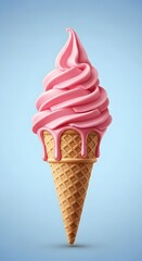 Delicious and refreshing strawberry soft serve ice cream cone with drippy melting effect against a light blue background, perfect for summer treats and sweet cravings