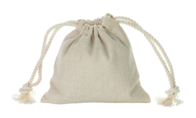 Closed cotton pouch tied with drawstrings, isolated on transparent background, full focus stacking for sharp texture and clear detail