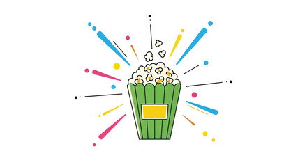 Vector illustration of a green popcorn box with a yellow label, bursting with popcorn and colorful abstract elements