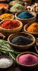 Fototapeta premium Colorful assorted spices and herbs in wooden bowls on rustic kitchen table