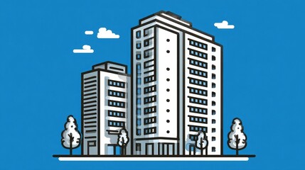 Minimalist building outline in flat blue tones with clean lines, representing modern apartments, architecture firms, and urban housing solutions.