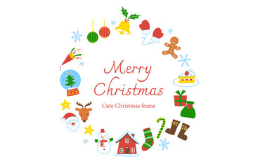 Cute Christmas Frame with Santa, Reindeer, Snowman and Holiday Decorations