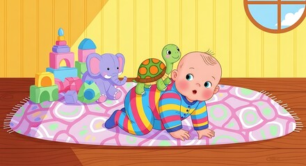 Adorable baby crawling cheerfully with playful turtle toy and colorful blocks on soft rug creating a happy childhood memory filled with joy and wonder