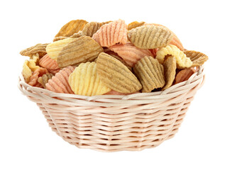 Woven small plate with vegetable chips, isolated on transparent background, full focus stacking for sharp texture and clear detail