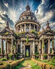 Obraz premium Photo of an aweinspiring view of a grand, decaying building with a dome and columns, overgrown with greenery, set against a dramatic sky, evoking a sense of history and mystery