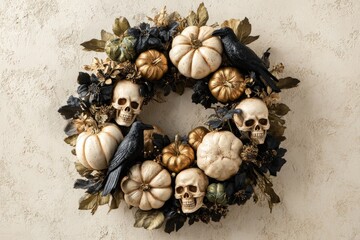 Obraz premium A decorative Halloween wreath, featuring skulls, pumpkins, and ravens, adorns a neutral backdrop.