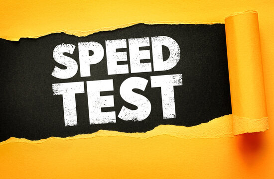 White bold text SPEED TEST revealed under torn yellow paper on a black background. Concept for internet speed, performance evaluation, bandwidth check, diagnostics, or technical analysis