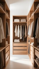 Modern walk in closet with organized clothing and wooden shelving