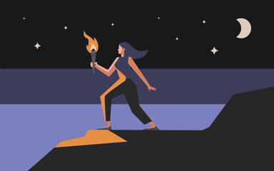 Woman explores the night holding a torch