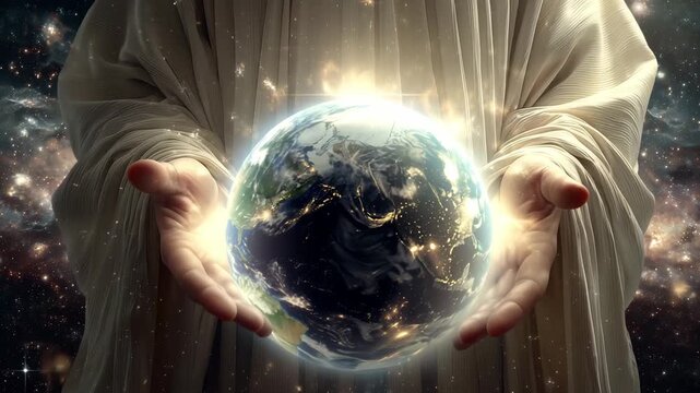 A god figure holds the Earth surrounded by a cosmic backdrop filled with stars and light, conveying a sense of world creation and wonder