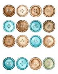 Fototapeta premium Set of decorative buttons in various shades of brown and teal, arranged in a grid
