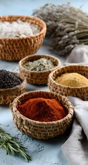 Assorted natural spices in woven baskets on rustic table with herbs and salt