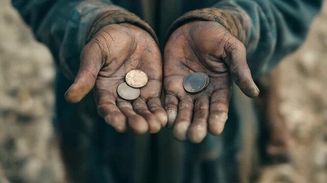 Dirty hands of a poor beggar with coins, Begging for money. Desperate beggar, Donate and charity concept	