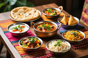 Photorealistic Indian cuisine spread with curry, naan, samosas, biryani in metal karahi bowls on wooden table, vibrant colors, fresh cilantro garnish
