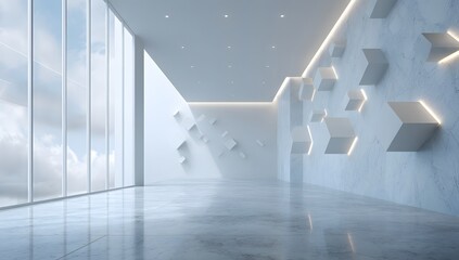 Futuristic minimalist interior with geometric wall design and reflective marble floor